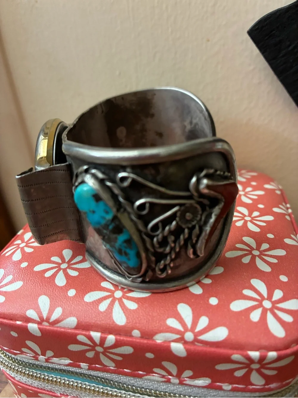 Sterling Silver Cuff Watch Band with Turquoise and Coral Accents